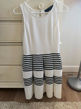 Macy's White Sleeveless Dress with Black Striped Skirt